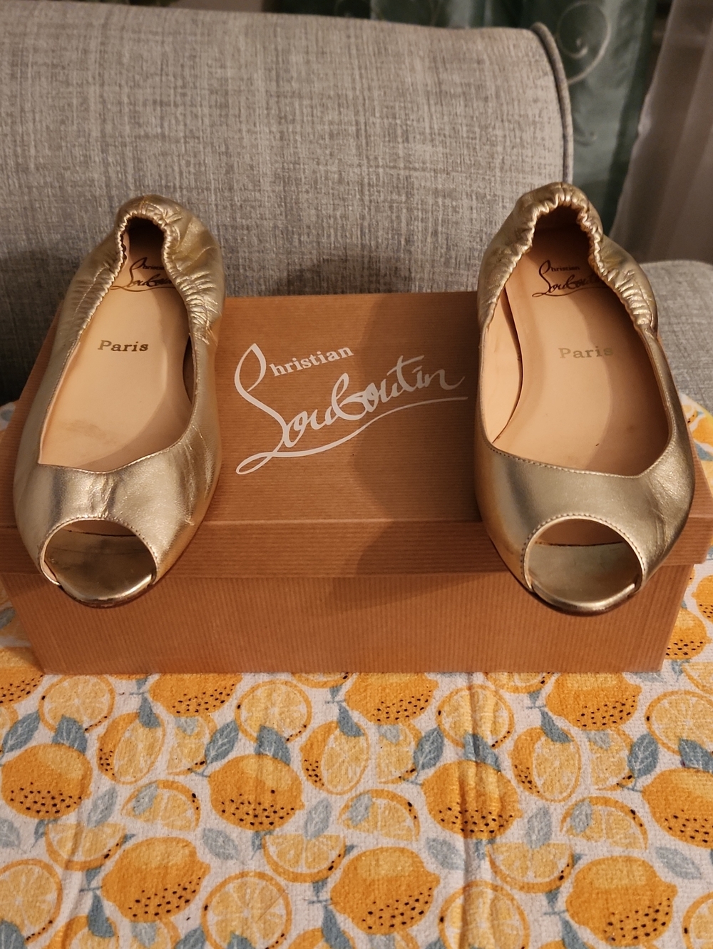 Christian Louboutin Gold Metallic Peep-Toe Ballet Flats